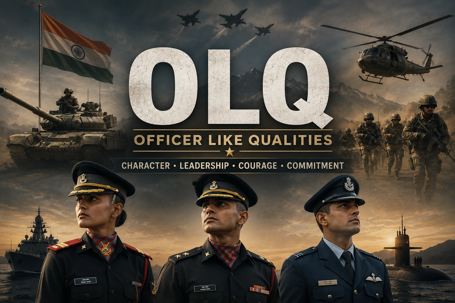 Officer Like Qualities (OLQ) banner with Indian Armed Forces officers and military background.